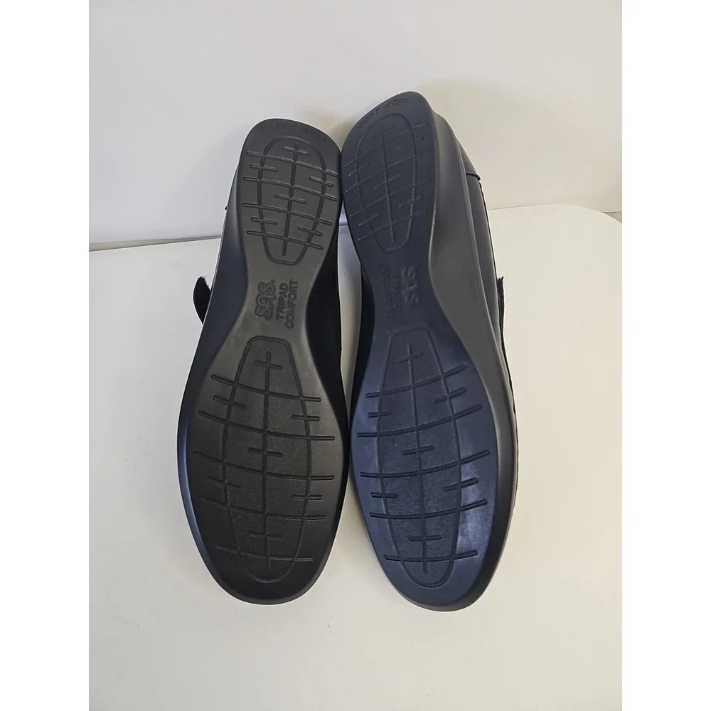 Womens SAS USA Roamer Black Leather Comfort Shoes Loafer Wedge T-Strap Wedge 8.5